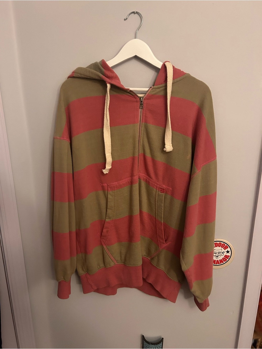 BDG Striped Hooded Zip Sweater in Olive & Coral